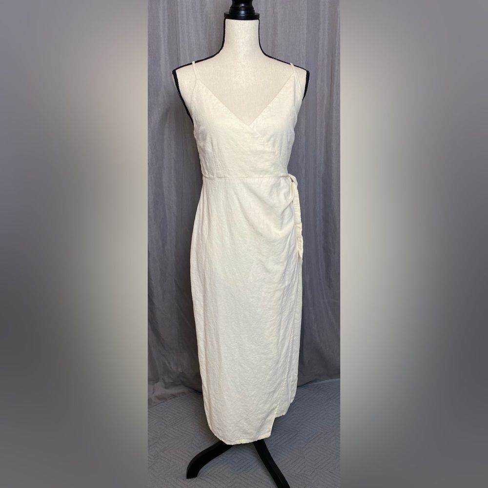 Urban Outfitters Linen Spaghetti Strap Wrap Midi Dress Creamy Yellow Size Large